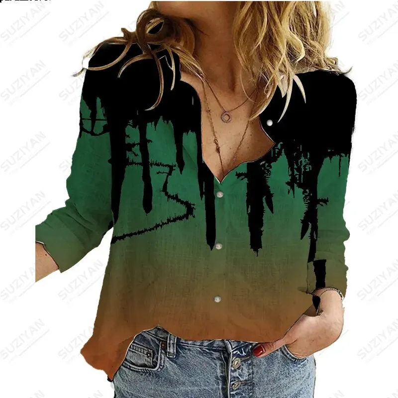 2023Women's Spring New LongSleeve Shirt Gradient Speckled 3D Printing Hot Selling Women's Polo Collar Single breasted Casual Top