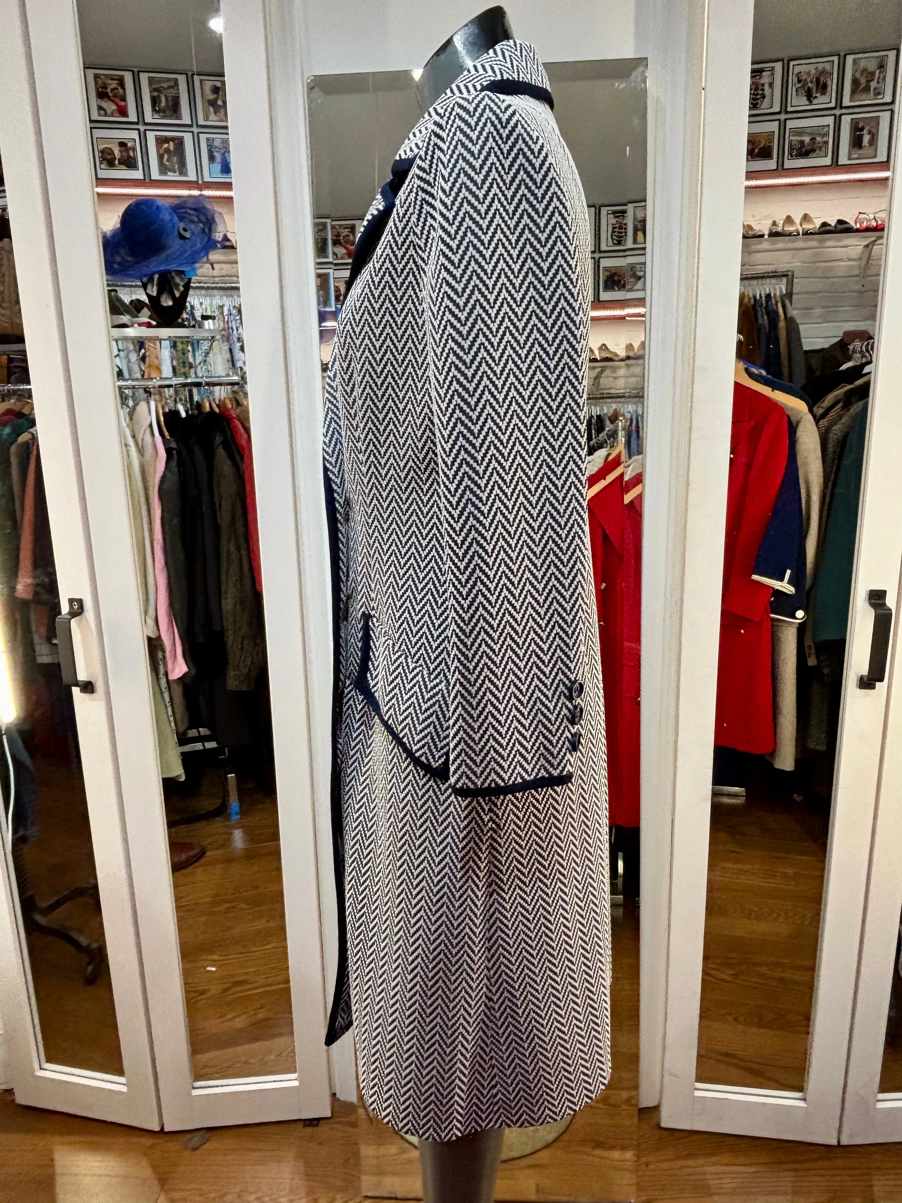 60’s Beige & Navy Trim Double Breasted Coat By Butte Knit