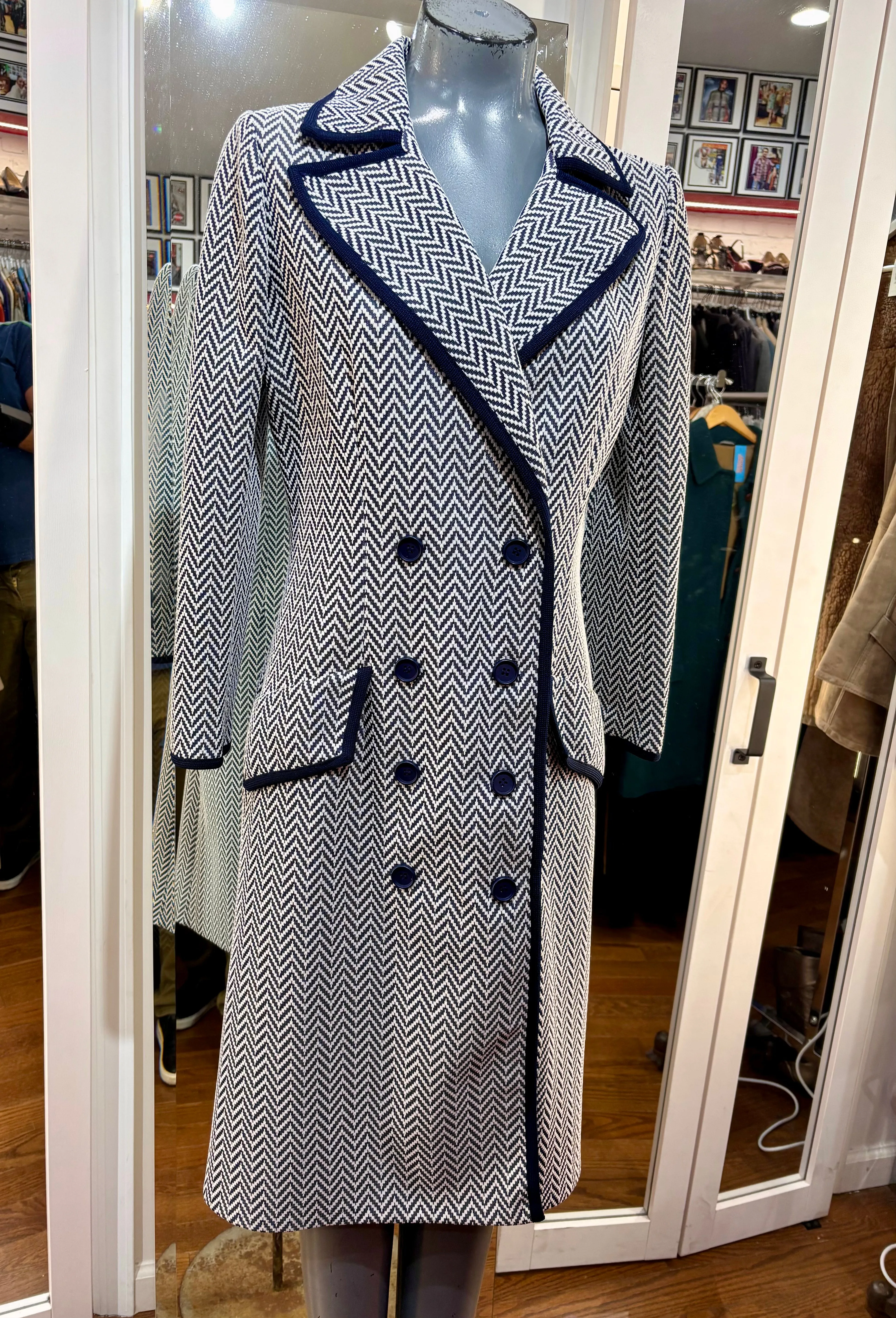 60’s Beige & Navy Trim Double Breasted Coat By Butte Knit