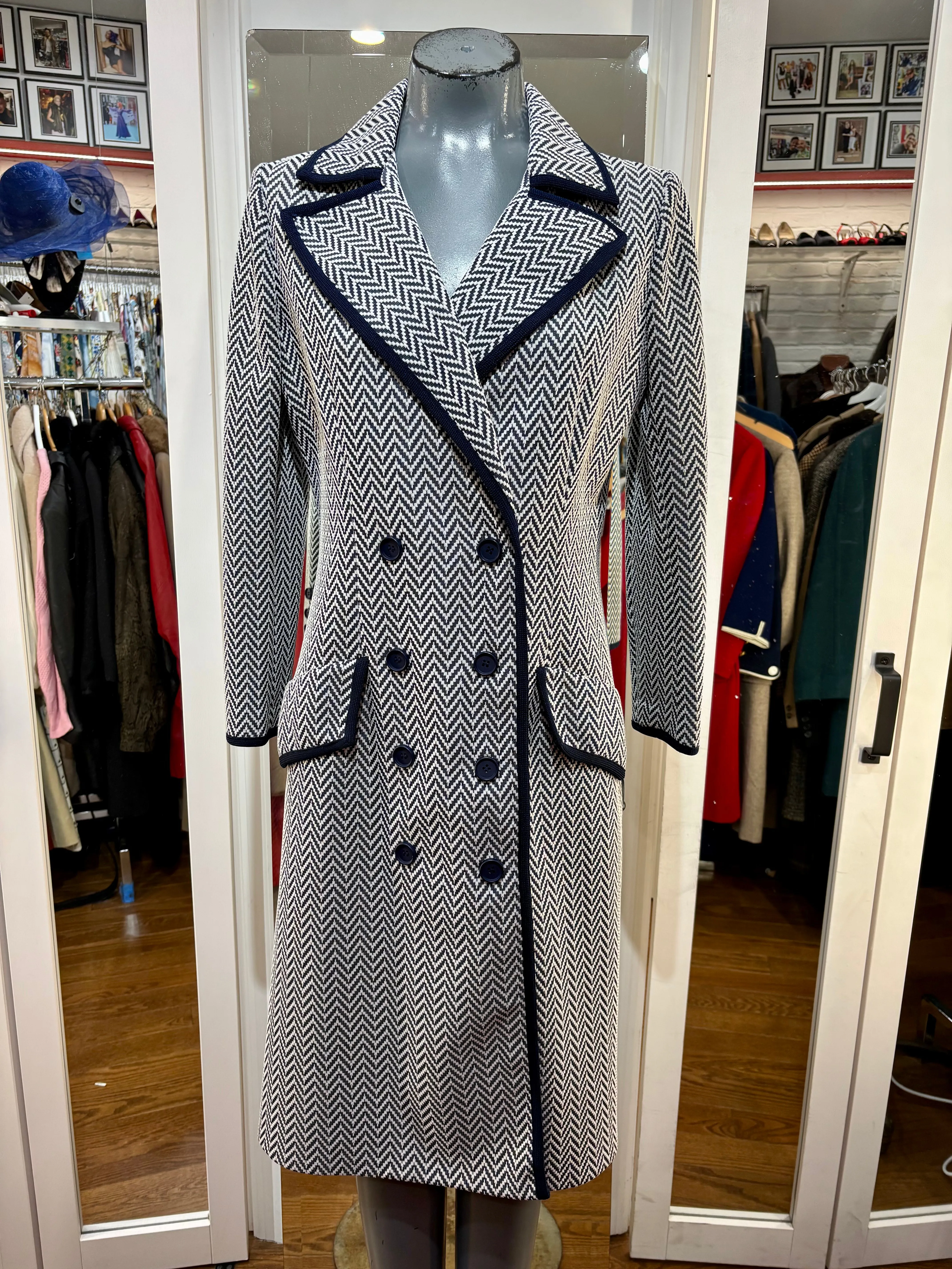 60’s Beige & Navy Trim Double Breasted Coat By Butte Knit