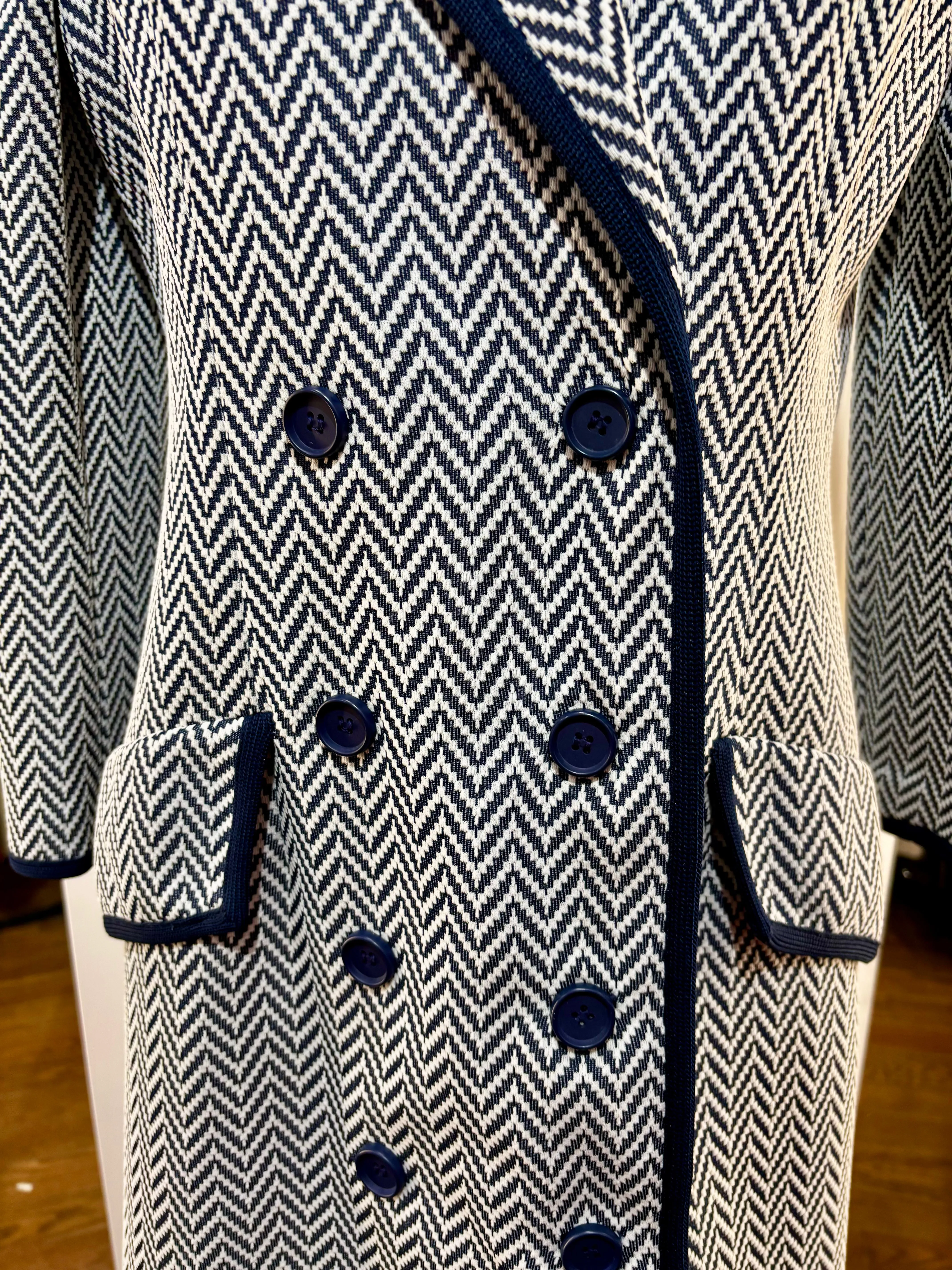 60’s Beige & Navy Trim Double Breasted Coat By Butte Knit