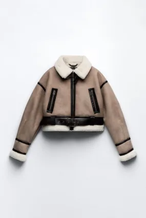 Beige Sherpa Lining Women's Suede Jacket