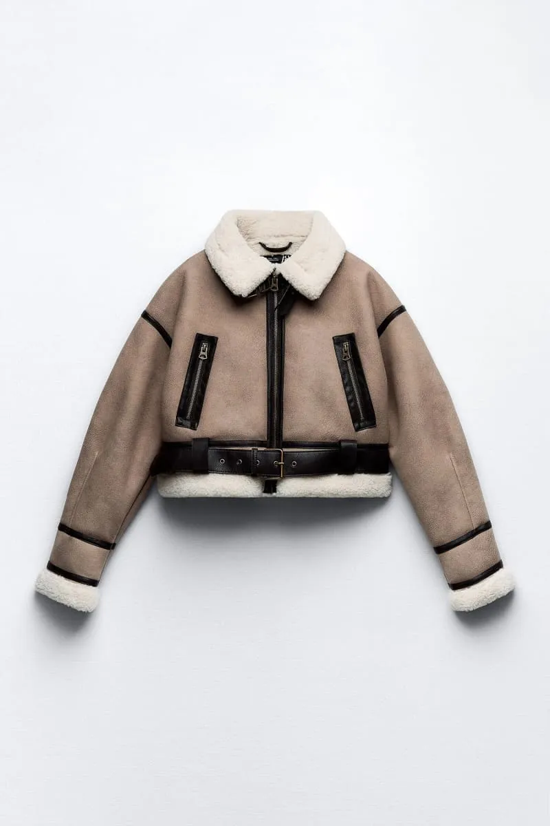 Beige Sherpa Lining Women's Suede Jacket