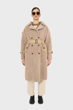 Beige vegan leather trim belted teddy coat