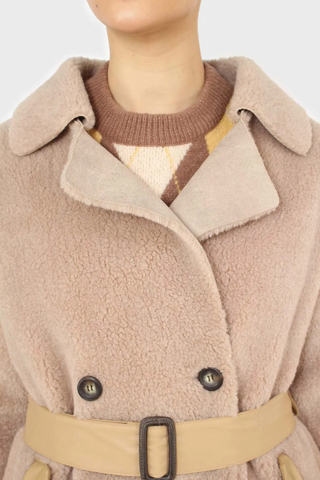 Beige vegan leather trim belted teddy coat