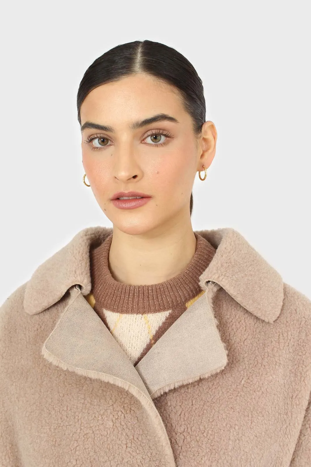 Beige vegan leather trim belted teddy coat