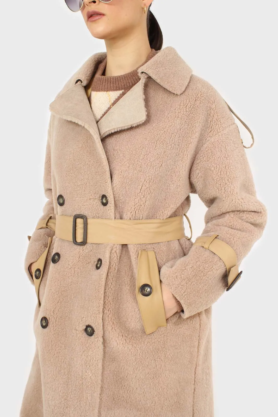 Beige vegan leather trim belted teddy coat