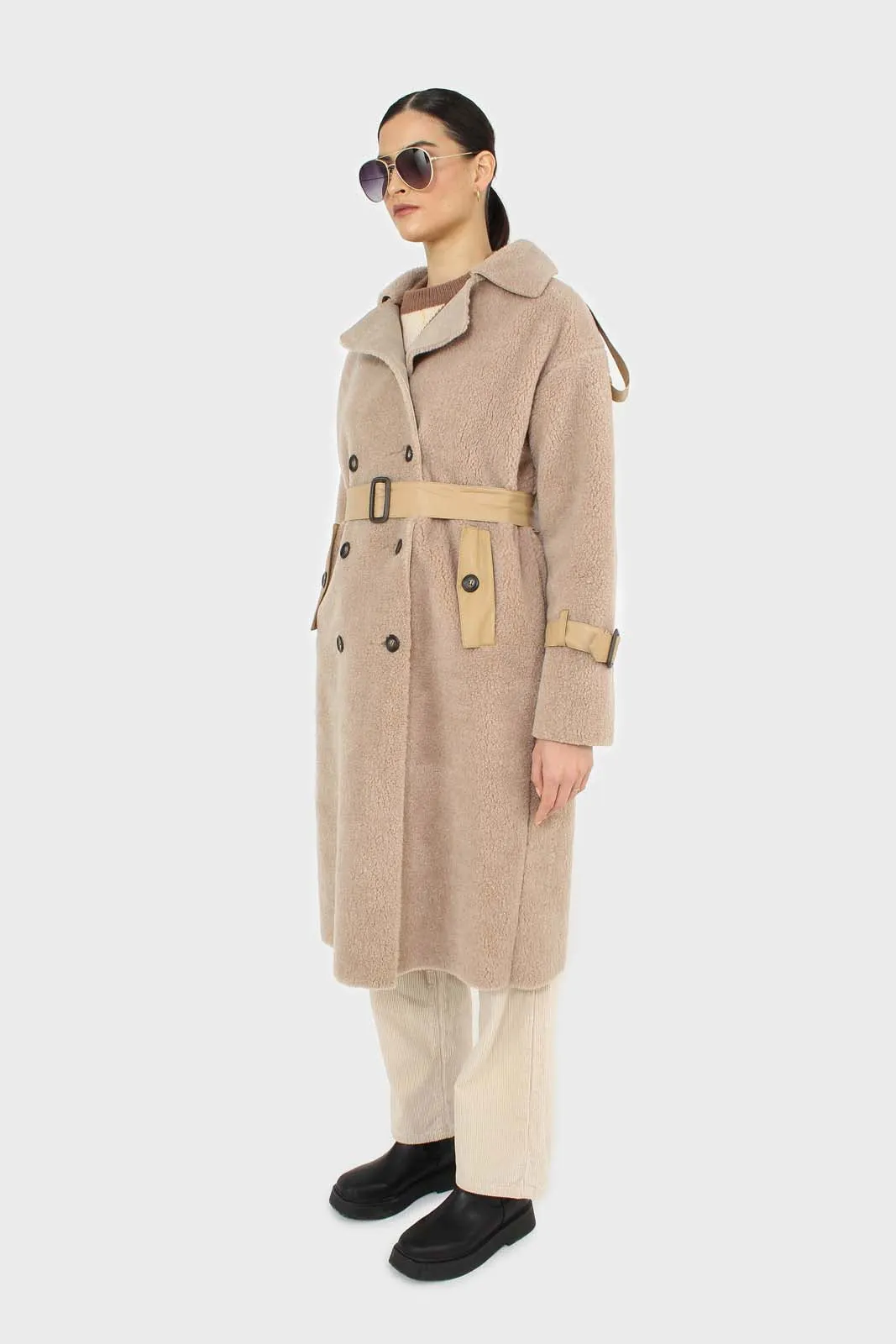 Beige vegan leather trim belted teddy coat