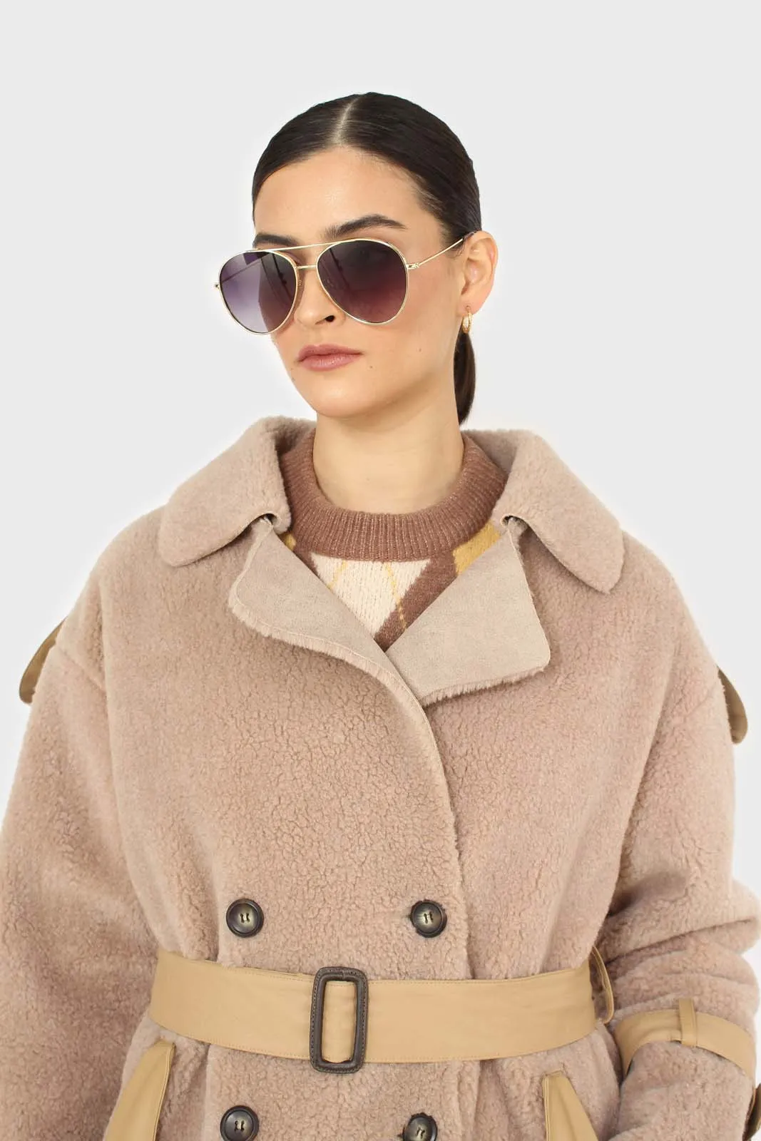 Beige vegan leather trim belted teddy coat