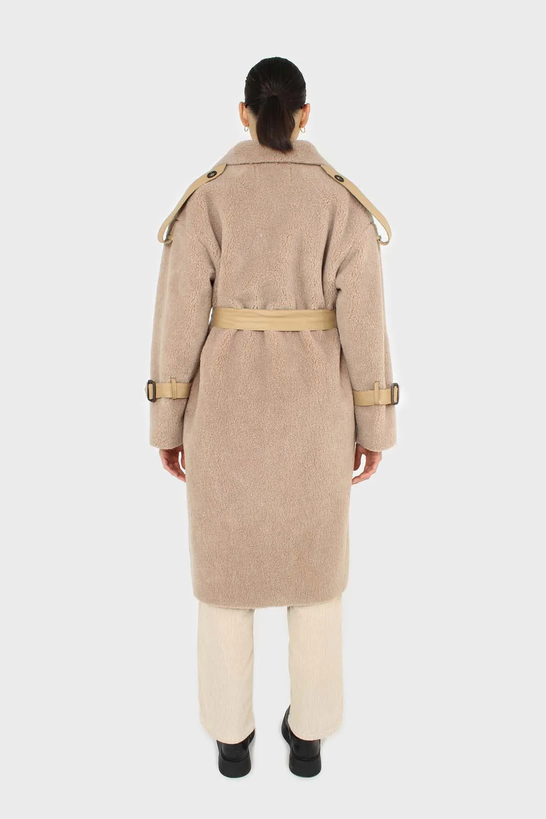 Beige vegan leather trim belted teddy coat
