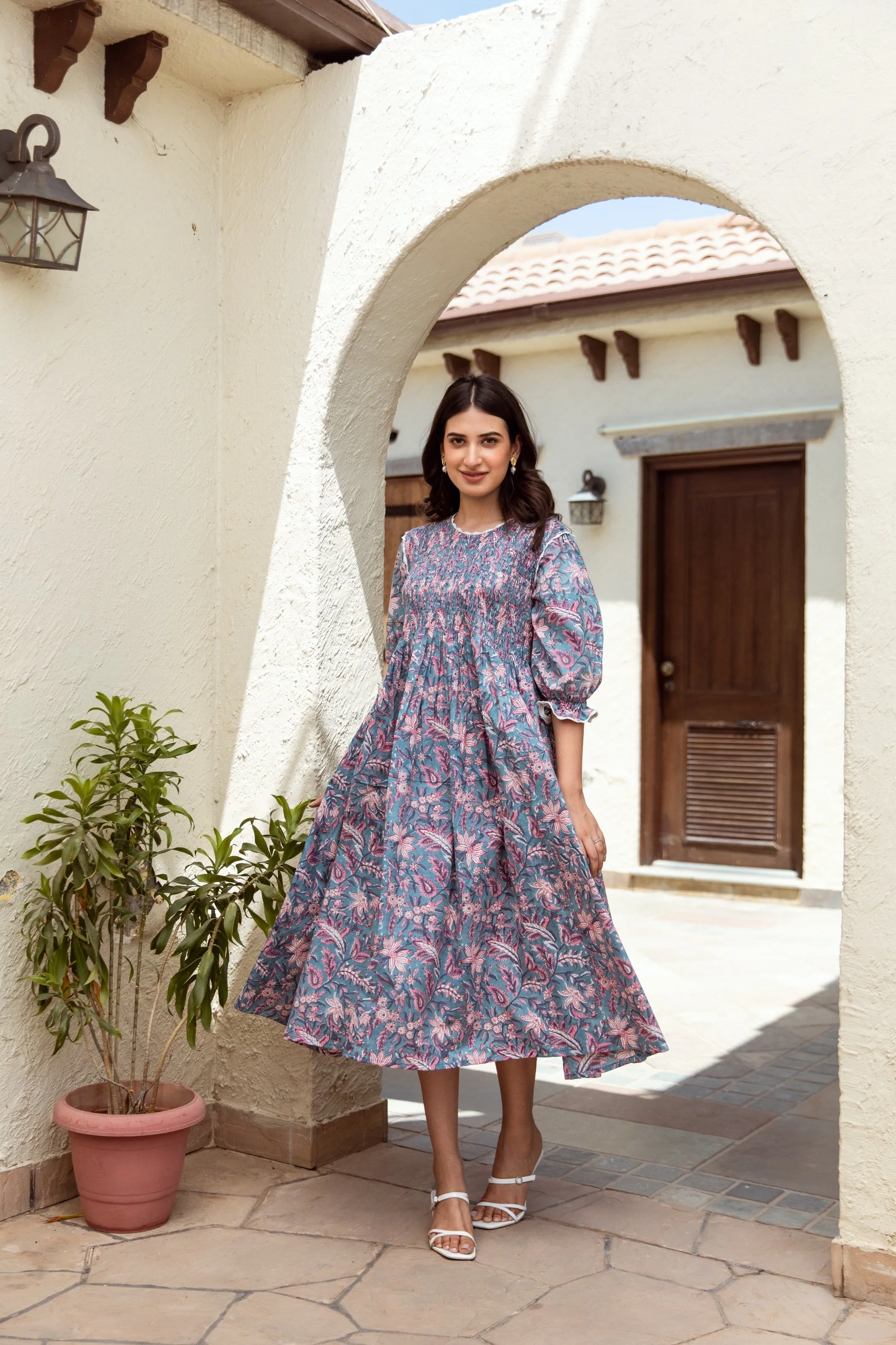 blue floral handblock dress