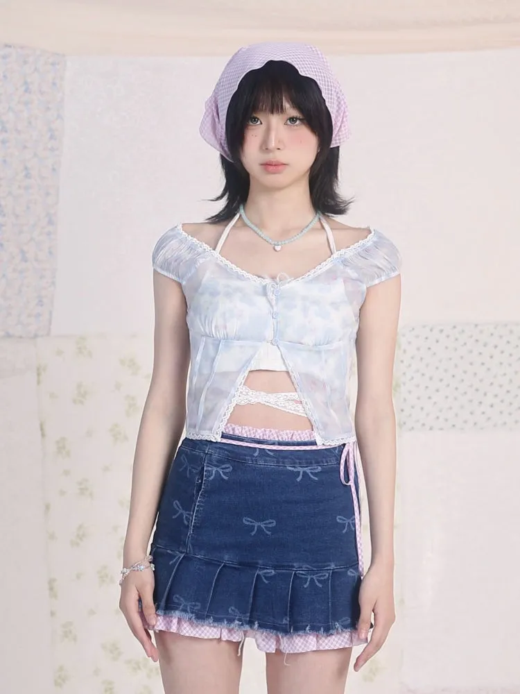 Blue Floral Lace Trim V-neck Top