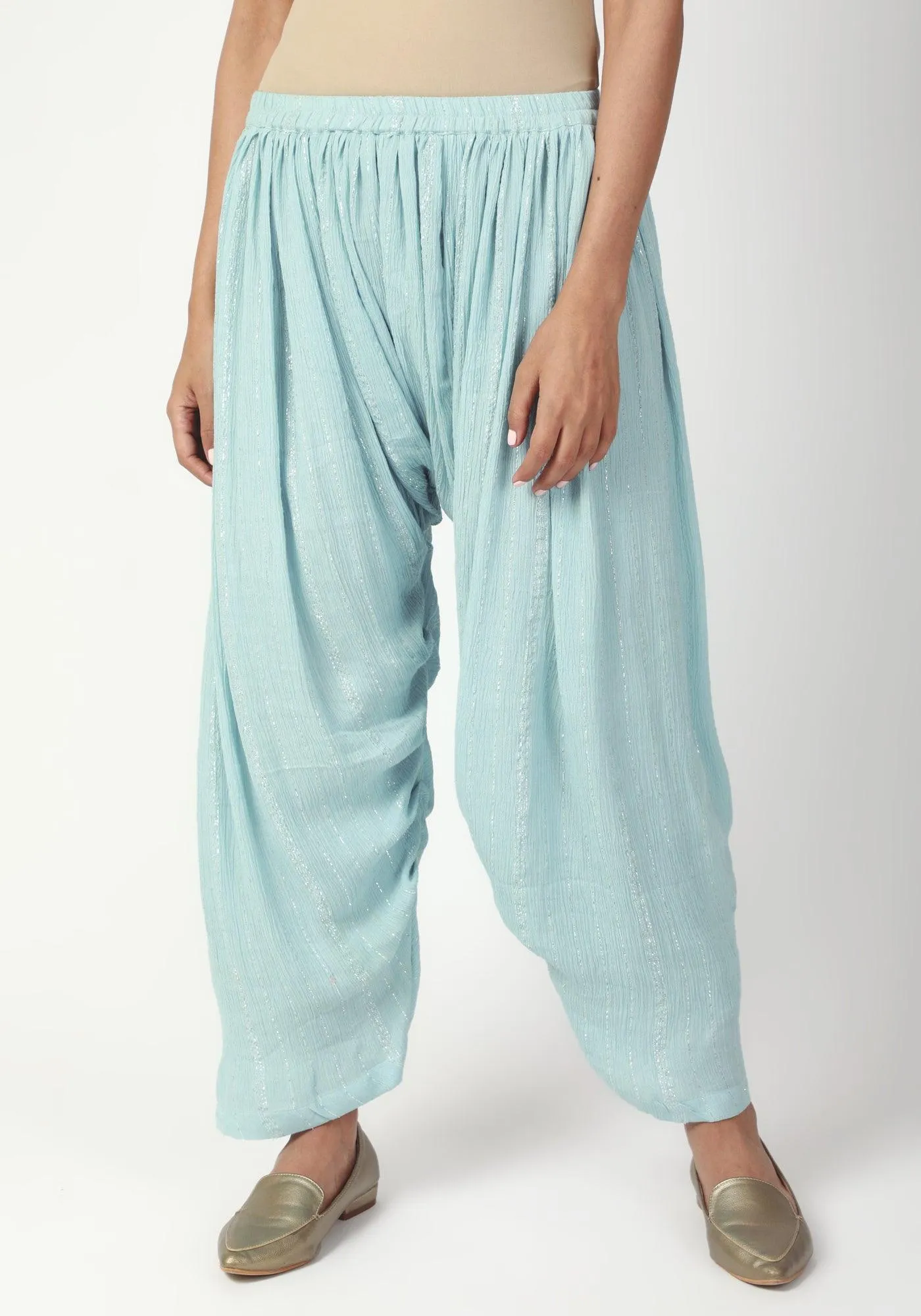 Blue Silver Laced Kurta- Ruffled Pant-Dupatta