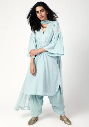 Blue Silver Laced Kurta- Ruffled Pant-Dupatta
