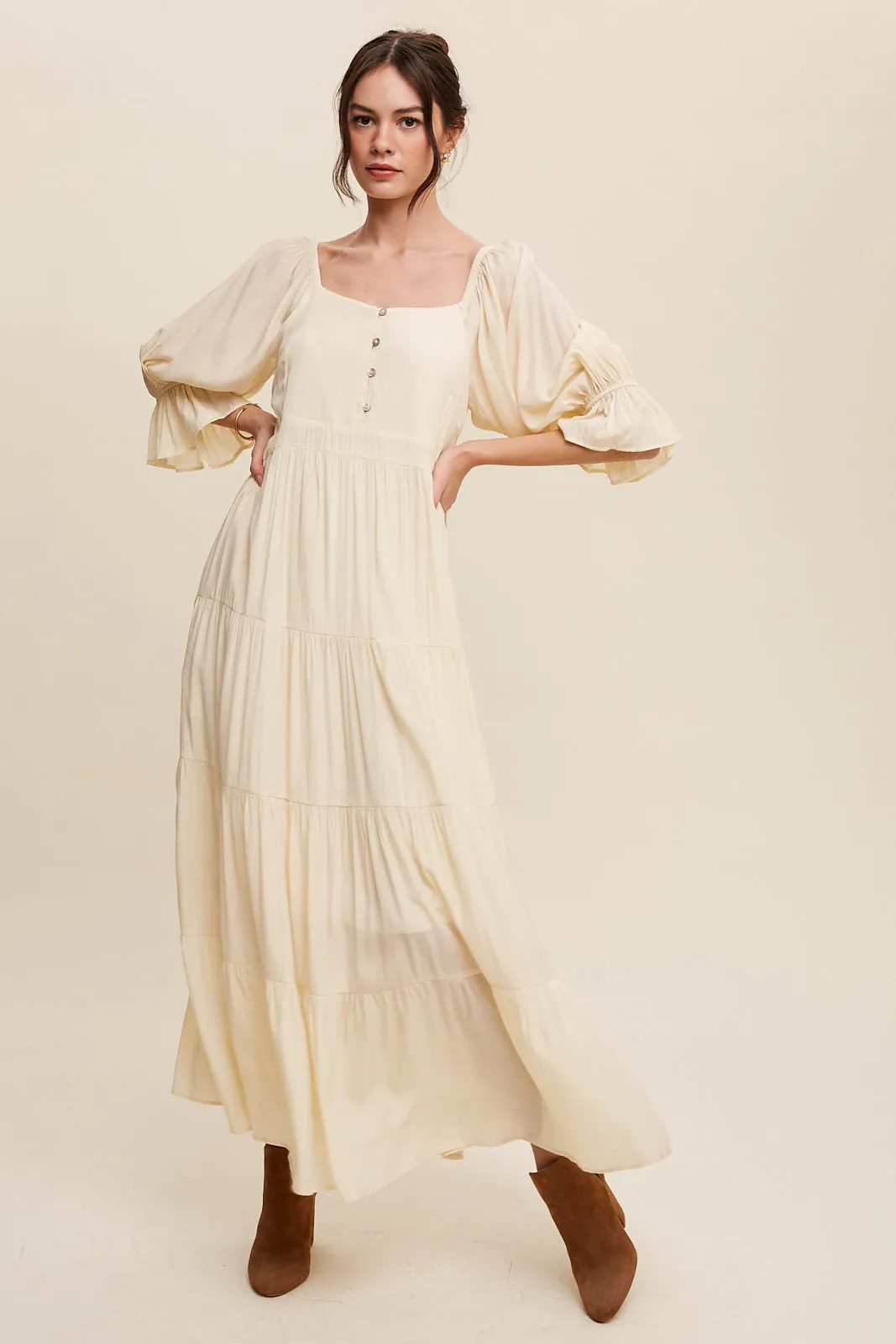 Boho Flowy Button Front Tiered Maxi Dress