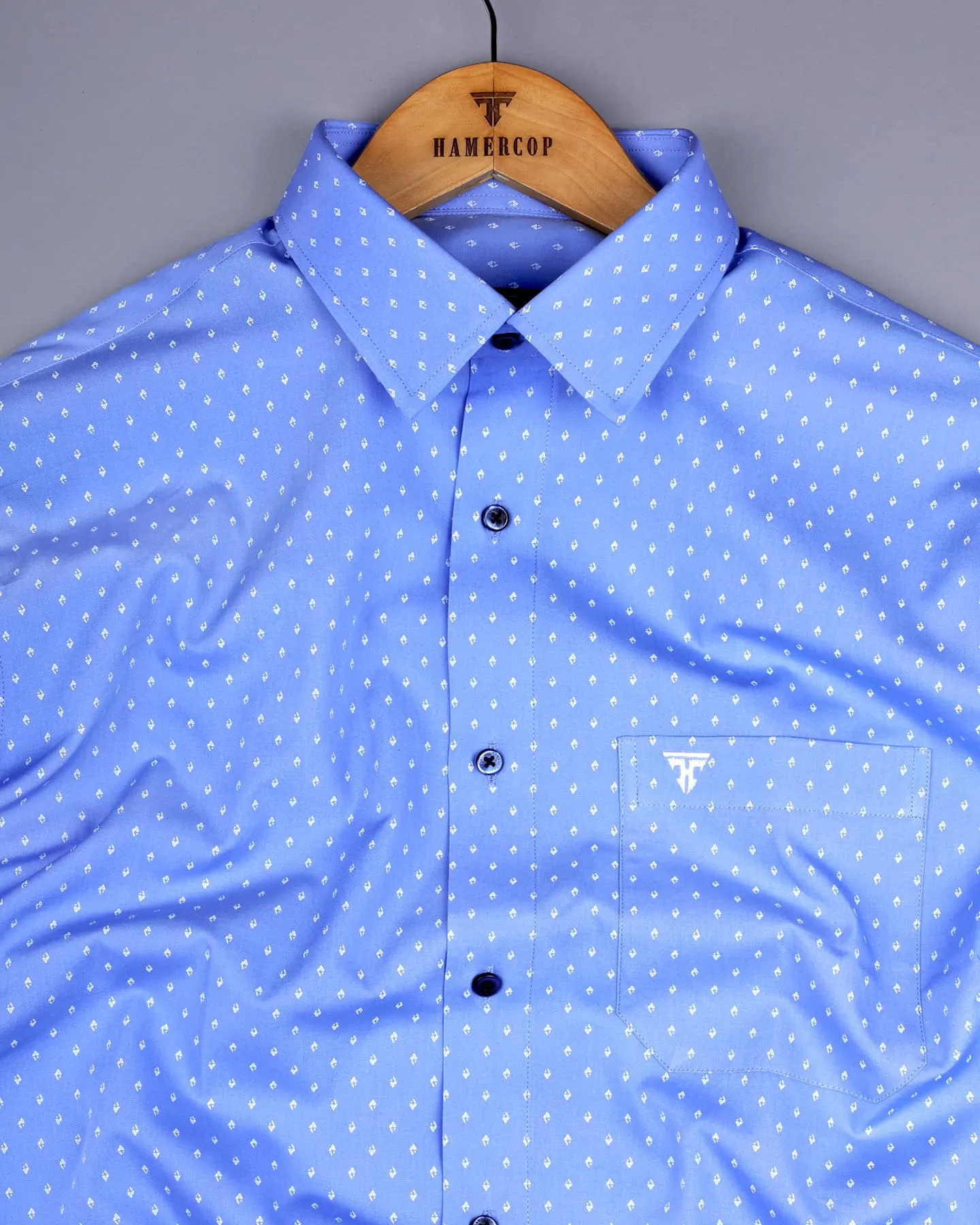 Cosy Blue With White Printed Formal Cotton Shirt