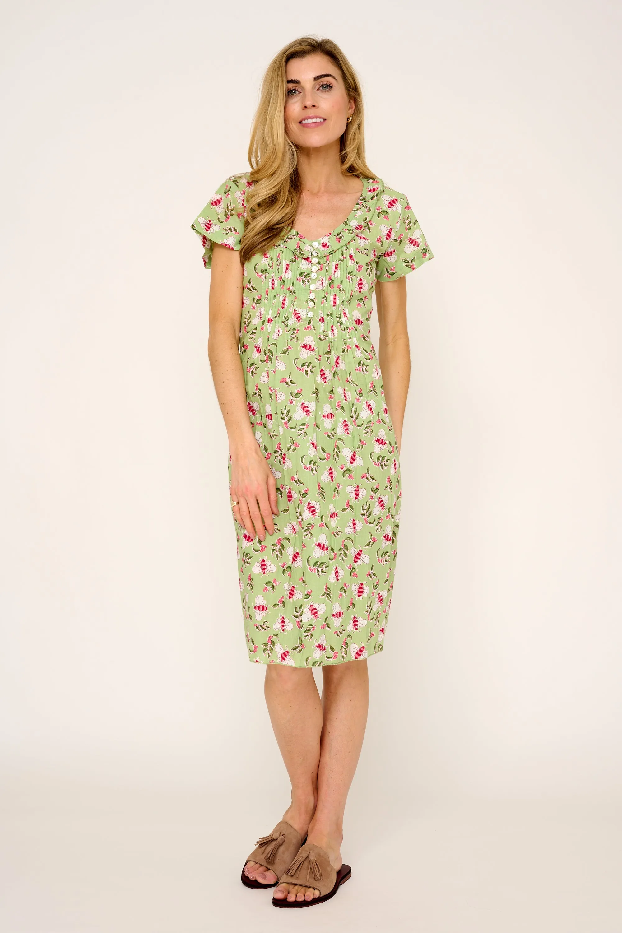 Cotton Karen Short Sleeve Day Dress in Pistachio with Pink Busy Bees