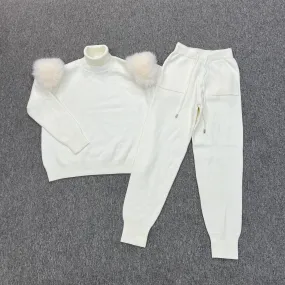 Cream Faux Fur Shoulder Roll Neck Jogger Tracksuit