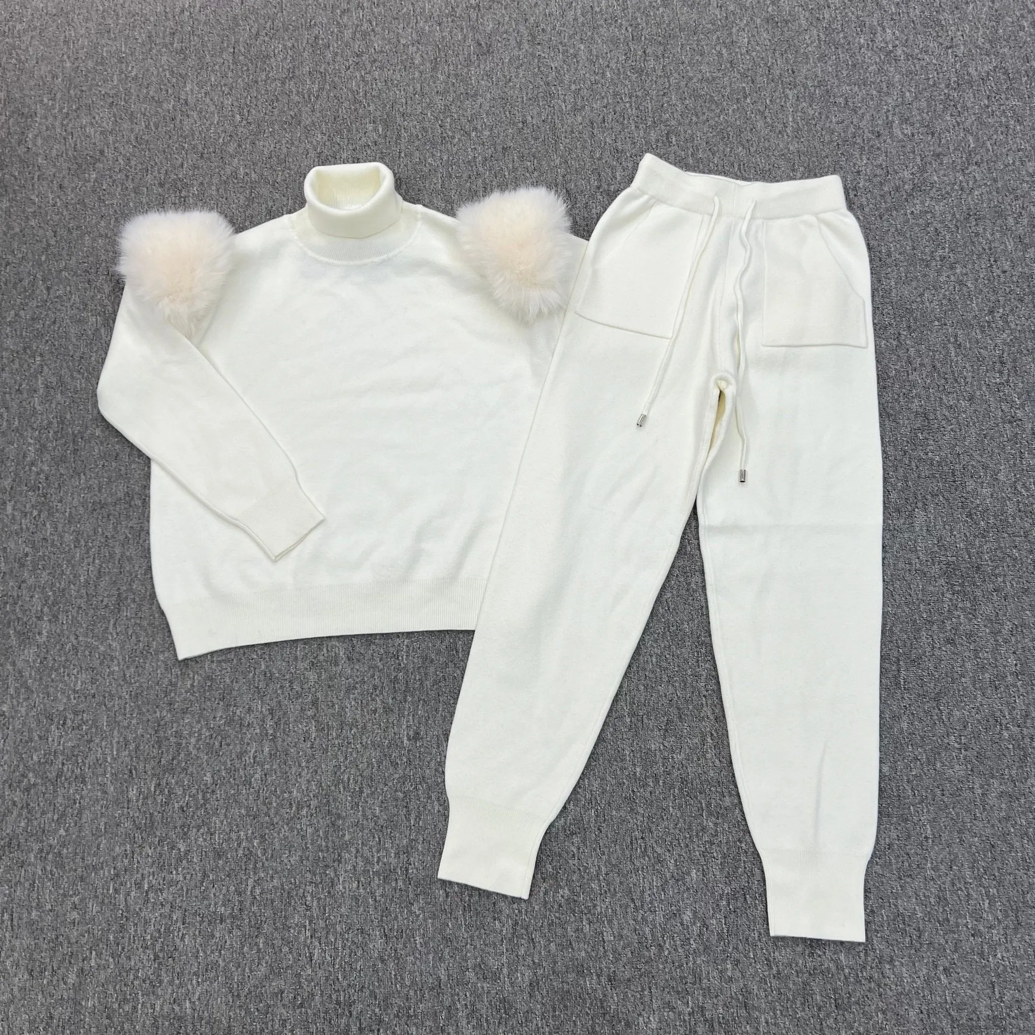 Cream Faux Fur Shoulder Roll Neck Jogger Tracksuit