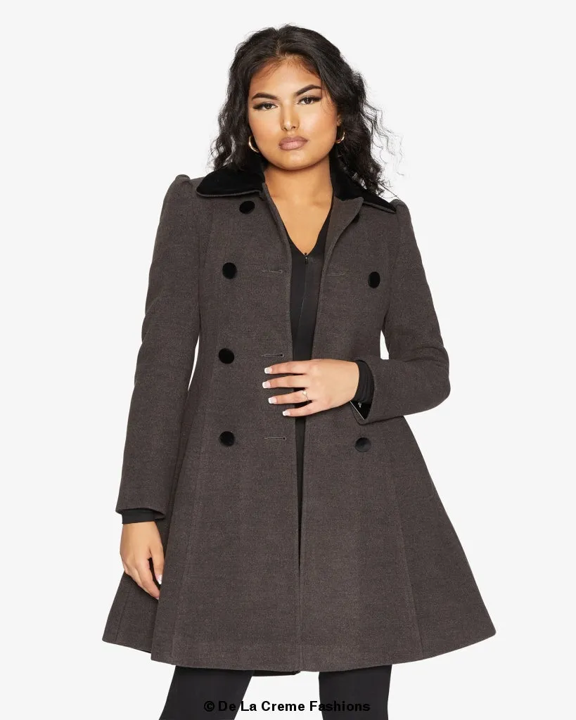 De La Creme Womens Double Breasted Velvet Trim Skater Coat