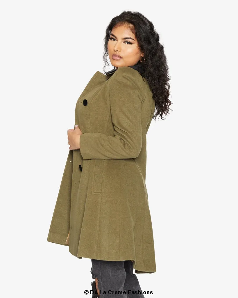 De La Creme Womens Double Breasted Velvet Trim Skater Coat
