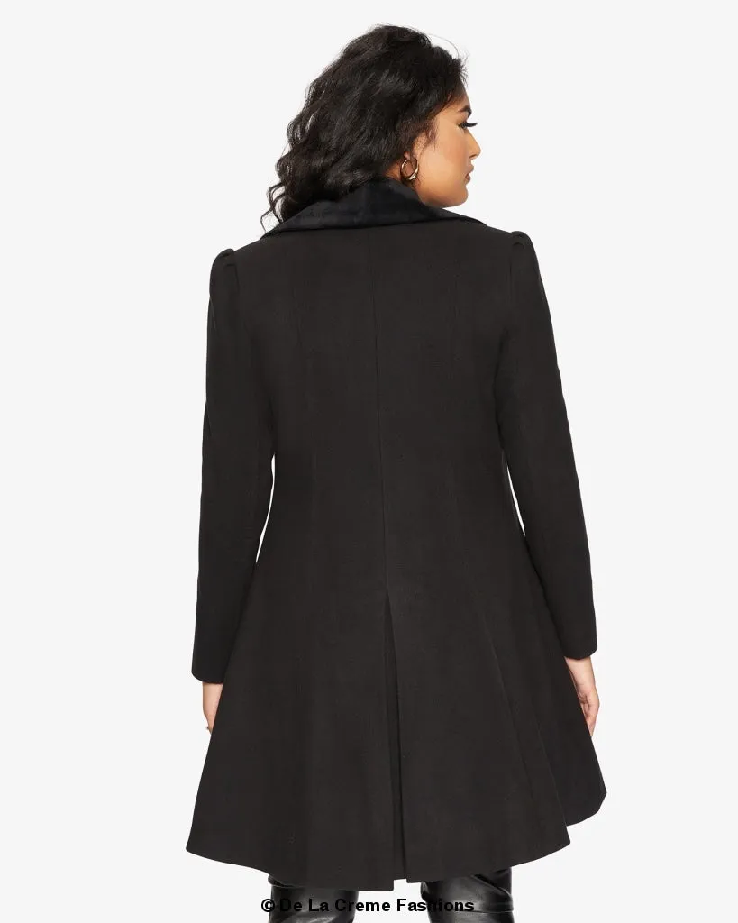 De La Creme Womens Double Breasted Velvet Trim Skater Coat