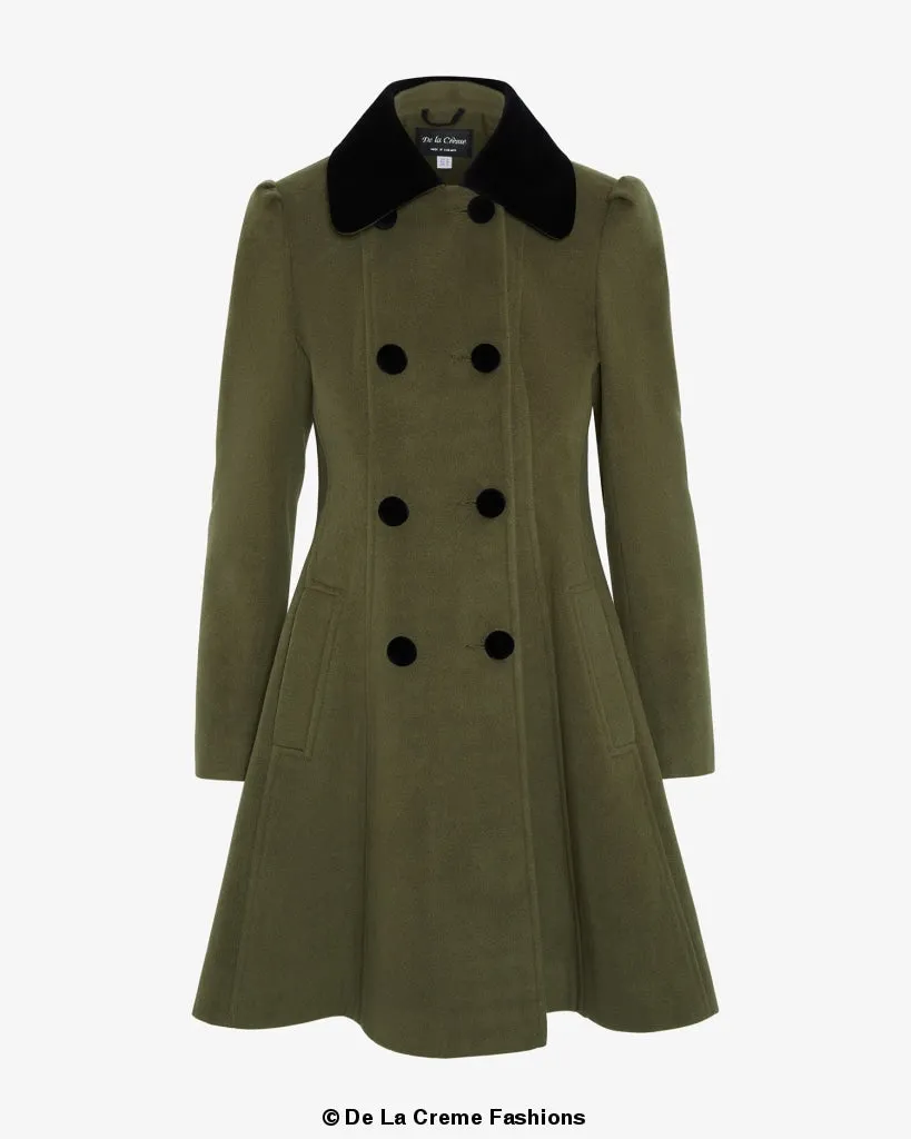 De La Creme Womens Double Breasted Velvet Trim Skater Coat