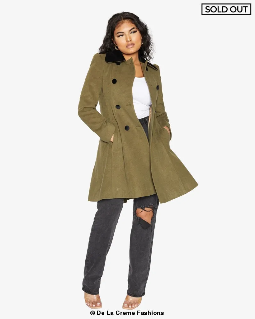 De La Creme Womens Double Breasted Velvet Trim Skater Coat