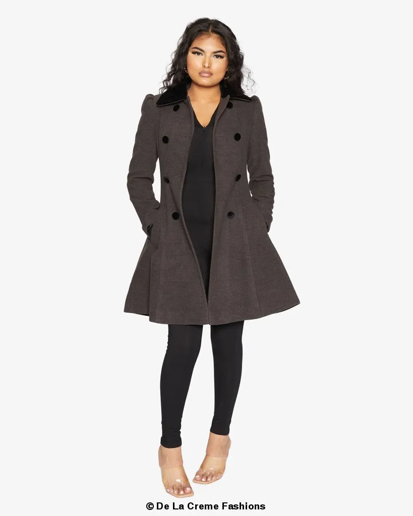De La Creme Womens Double Breasted Velvet Trim Skater Coat