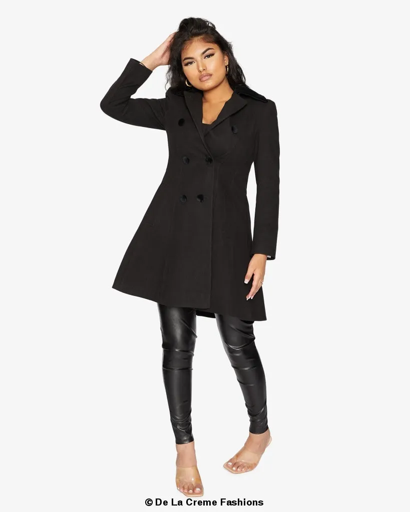 De La Creme Womens Double Breasted Velvet Trim Skater Coat