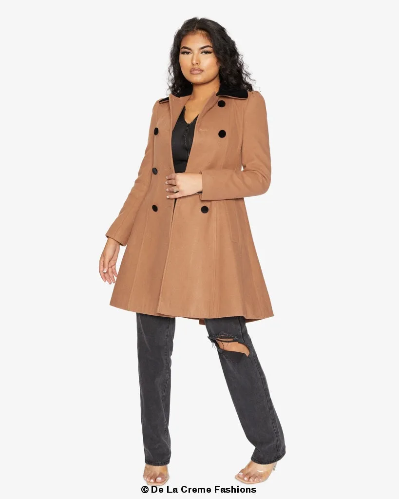 De La Creme Womens Double Breasted Velvet Trim Skater Coat
