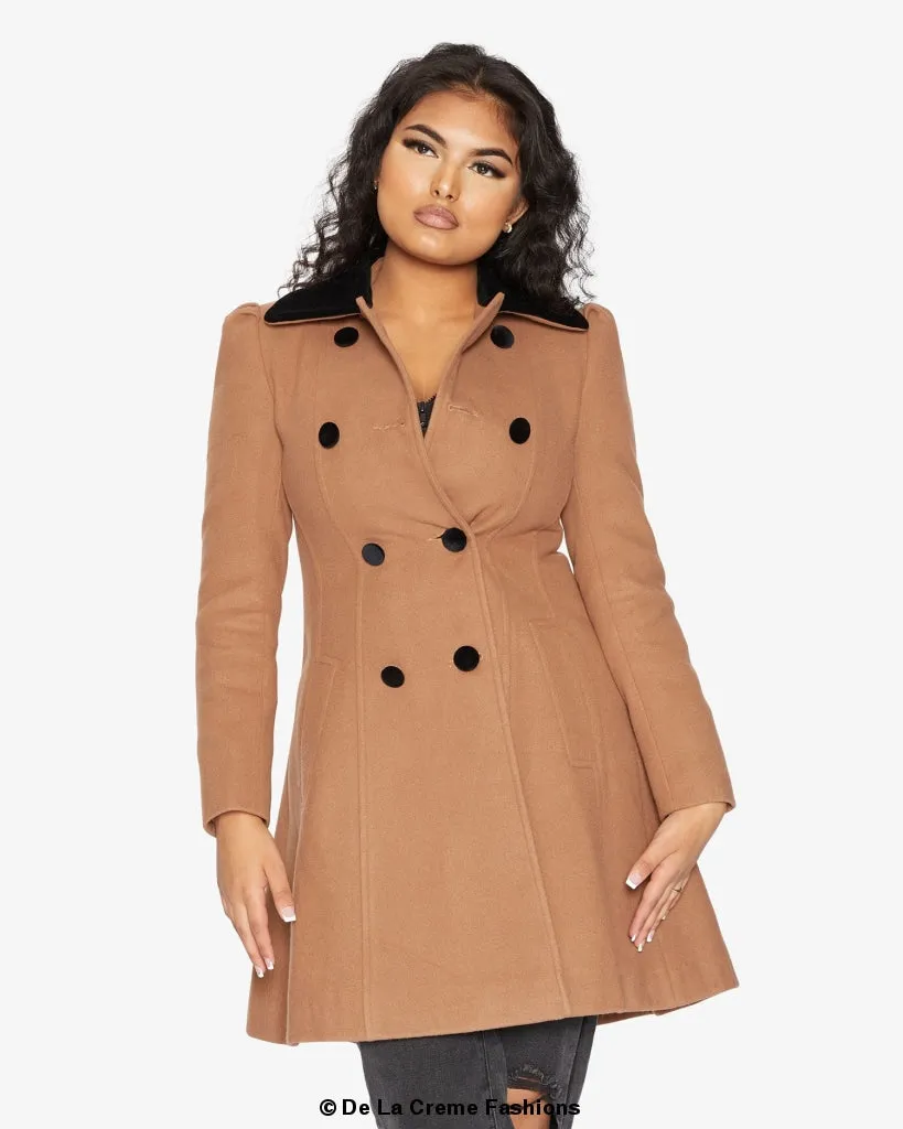 De La Creme Womens Double Breasted Velvet Trim Skater Coat
