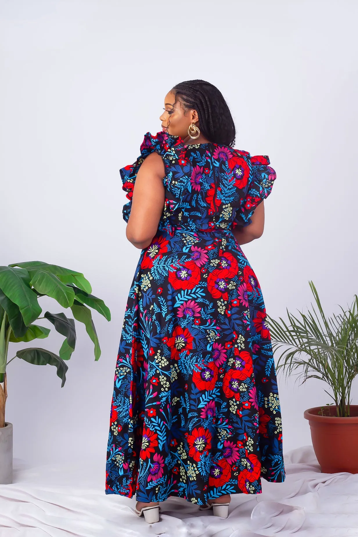 Floral African Print Maxi Dress with Frill Sleeves - Aduke