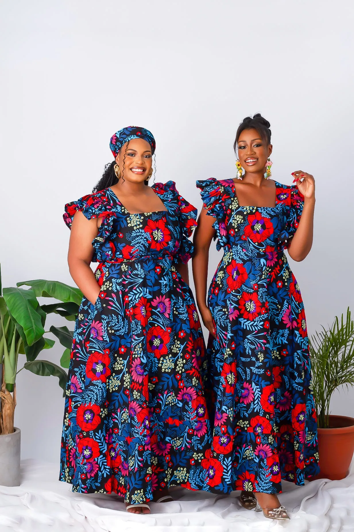 Floral African Print Maxi Dress with Frill Sleeves - Aduke