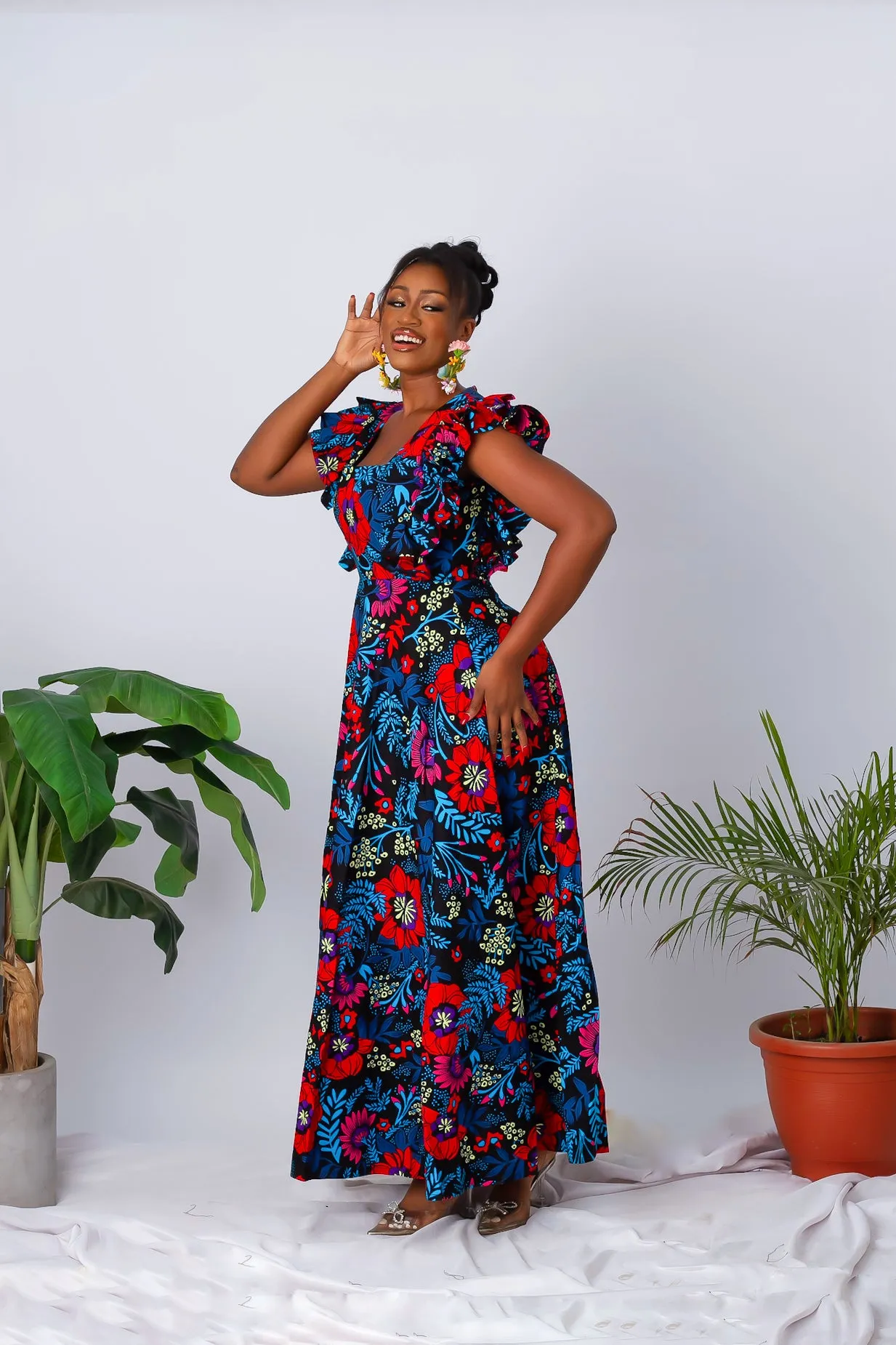 Floral African Print Maxi Dress with Frill Sleeves - Aduke