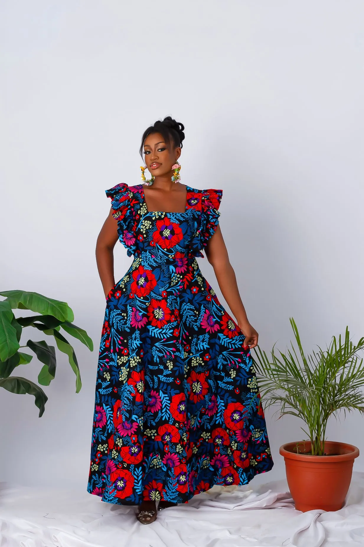 Floral African Print Maxi Dress with Frill Sleeves - Aduke