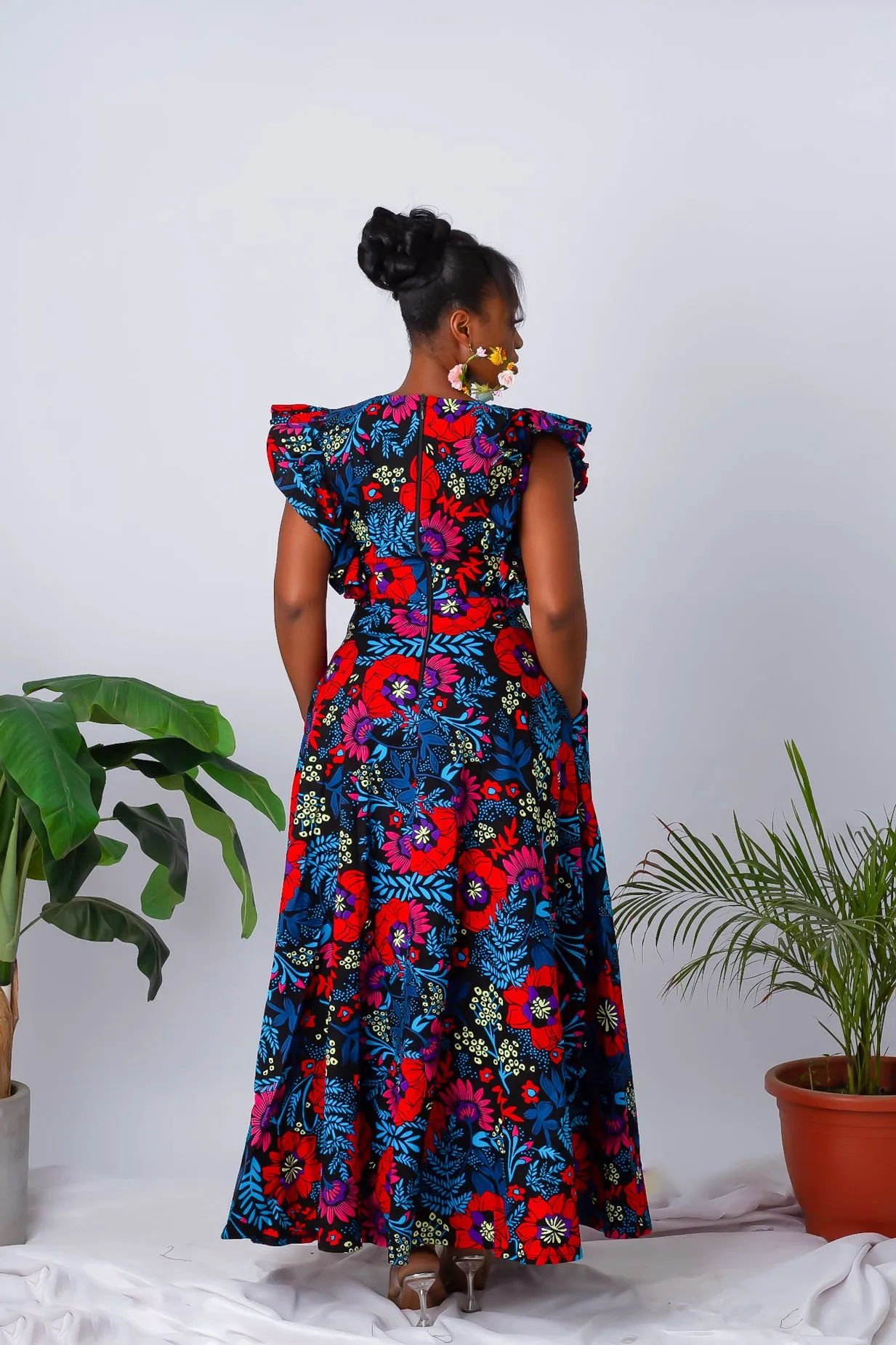 Floral African Print Maxi Dress with Frill Sleeves - Aduke