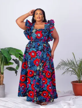 Floral African Print Maxi Dress with Frill Sleeves - Aduke