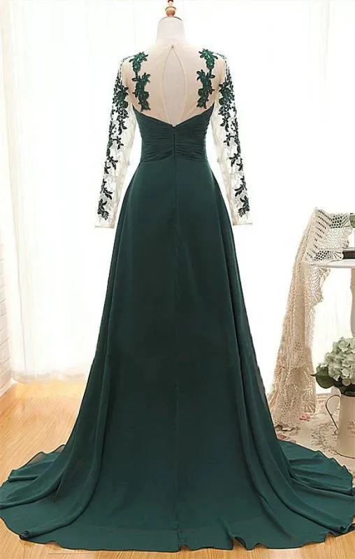 Formal Women's Dresses Green A-Line Long Sleeves Formal Prom Dress Evening Gown Prom Dress Stores