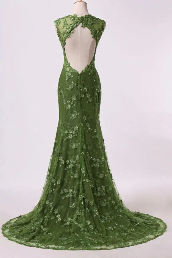 Formal Women's Dresses Green Backless Appliques Beading Formal Prom Party Dress Prom Dress Stores
