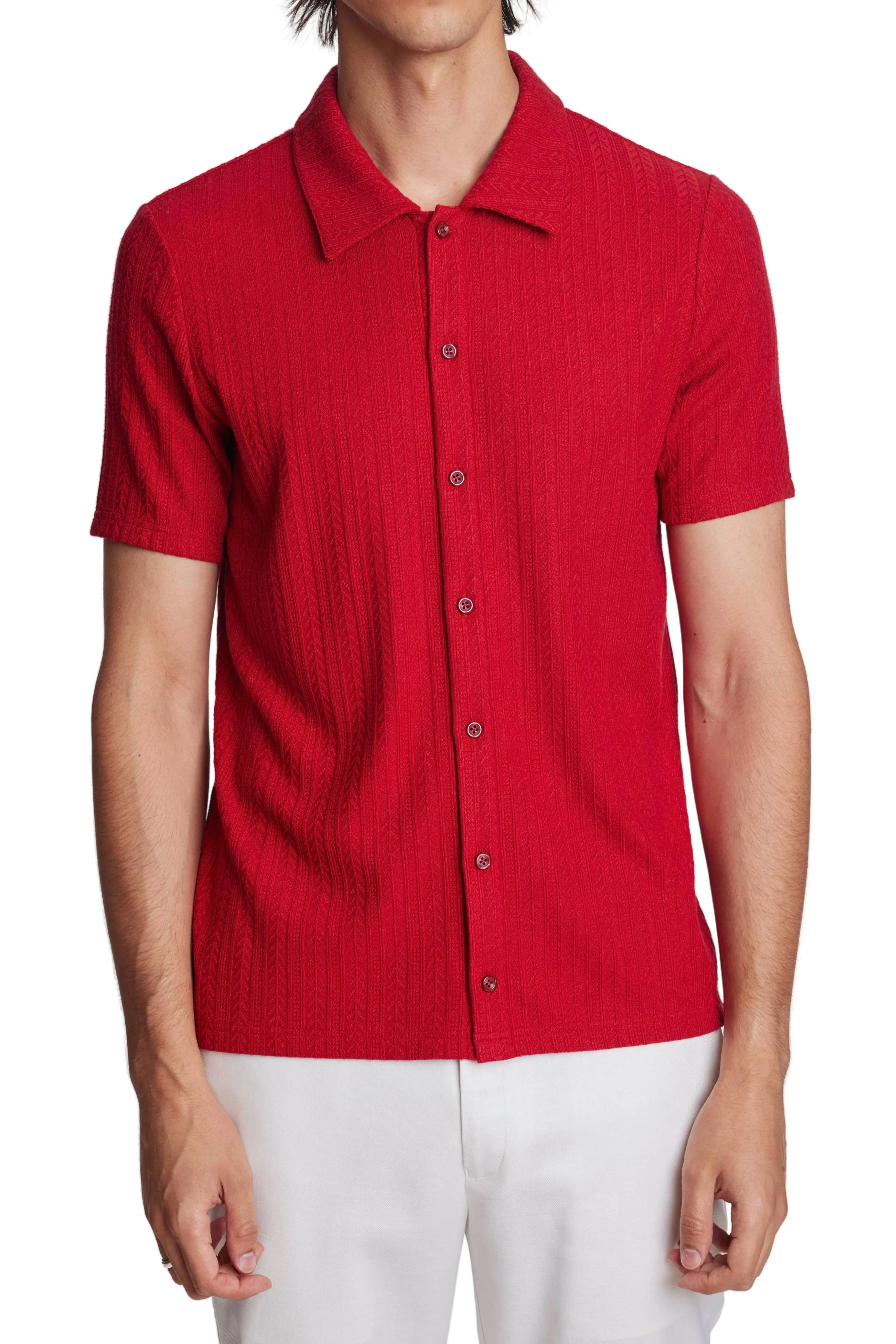 Full Placket Pointelle Polo - Cherry Red