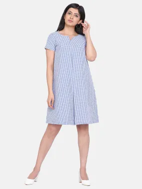 Gingham Cotton Trapeze Dress - Sky Blue