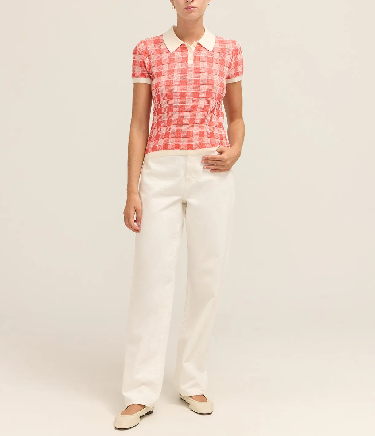 Gingham Shrunken Polo Top in Cherry