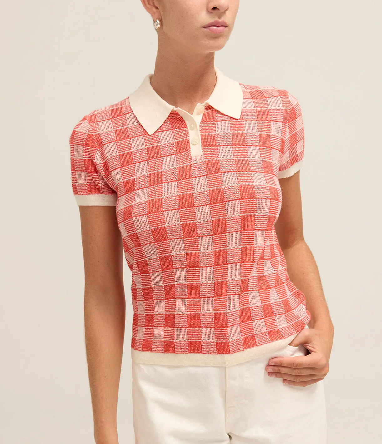 Gingham Shrunken Polo Top in Cherry