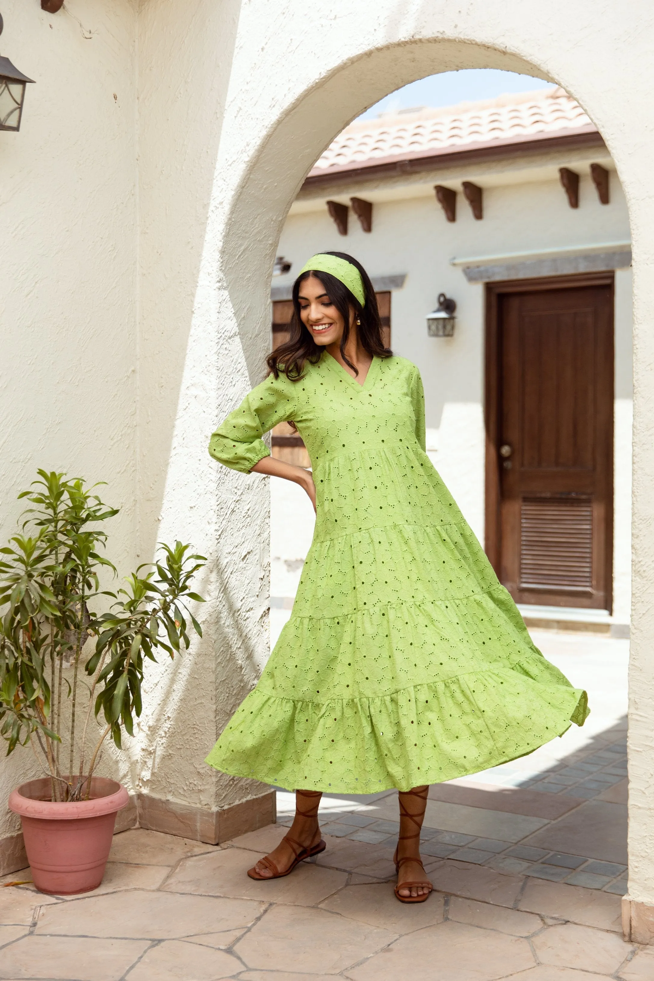 green schiffly cotton dress