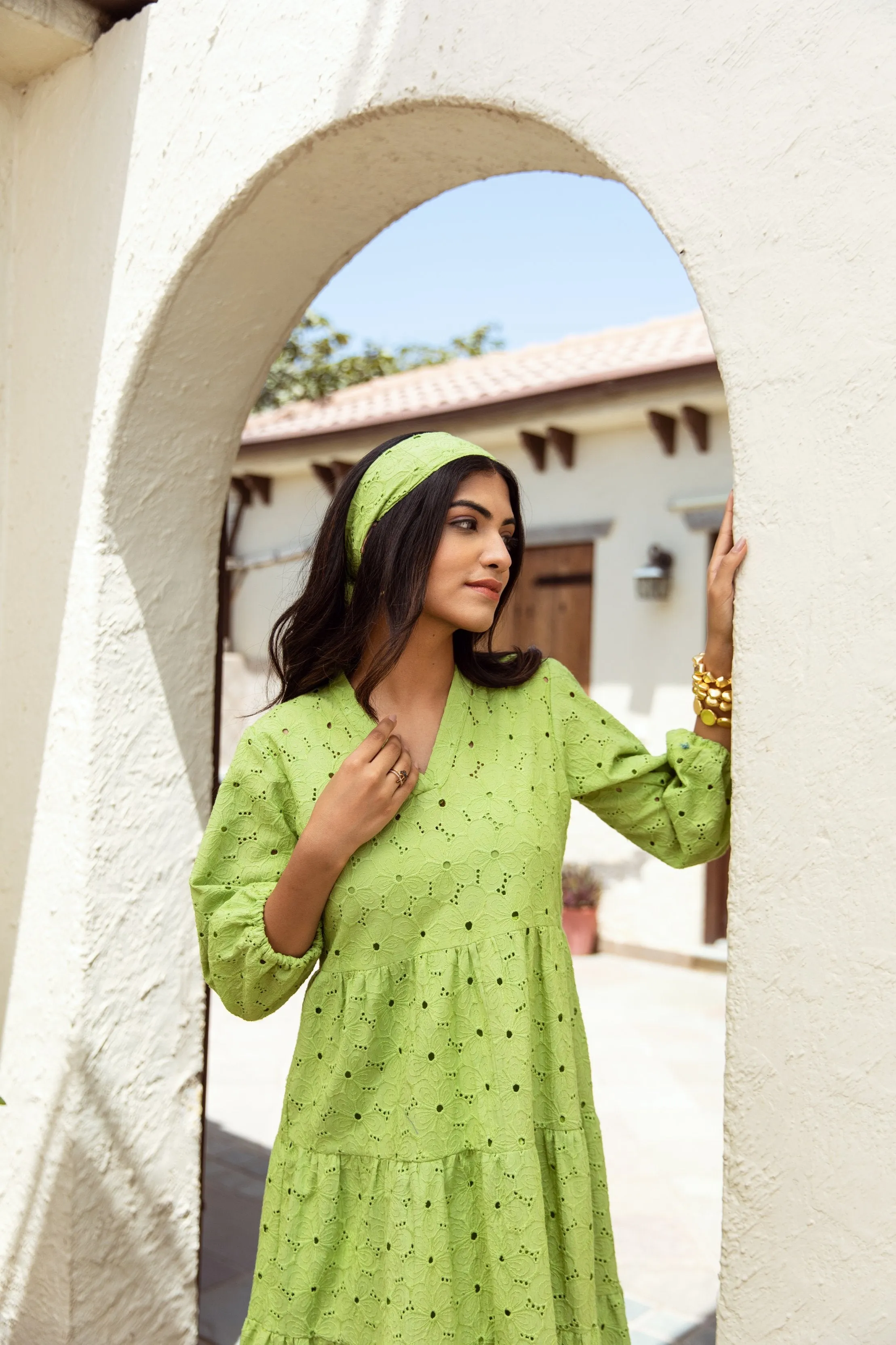 green schiffly cotton dress
