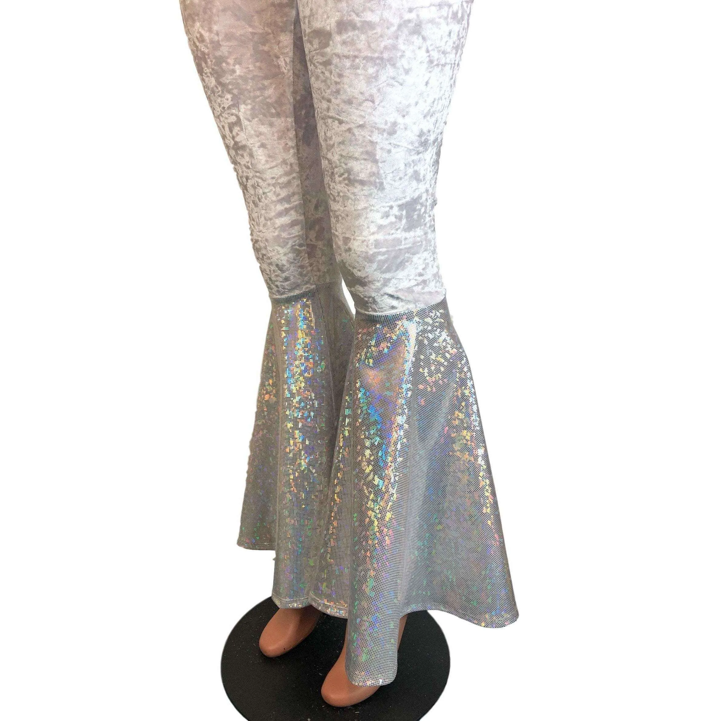 High Waisted Bell Bottom Flares - White Crushed Velvet w/ Silver Shattered Glass