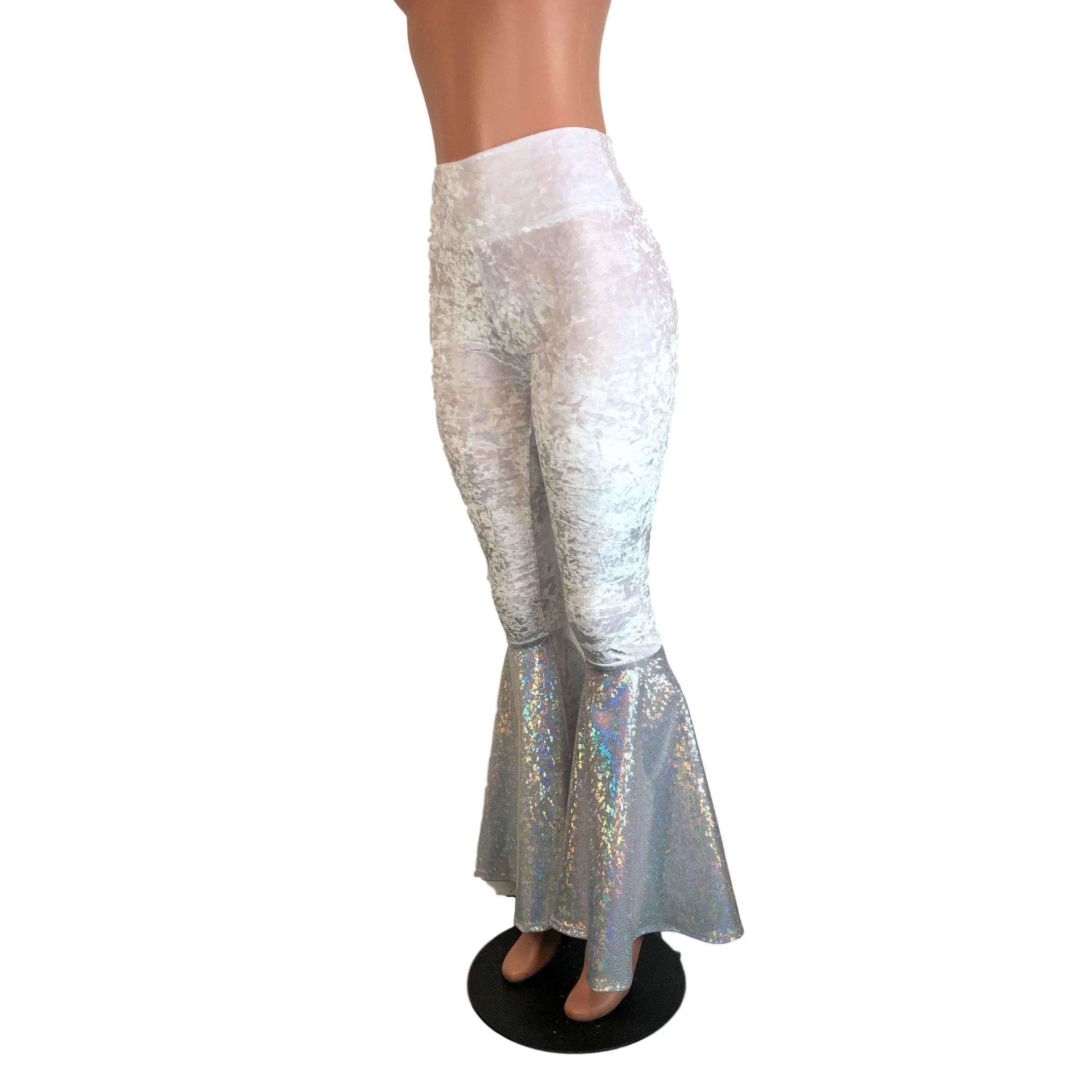 High Waisted Bell Bottom Flares - White Crushed Velvet w/ Silver Shattered Glass