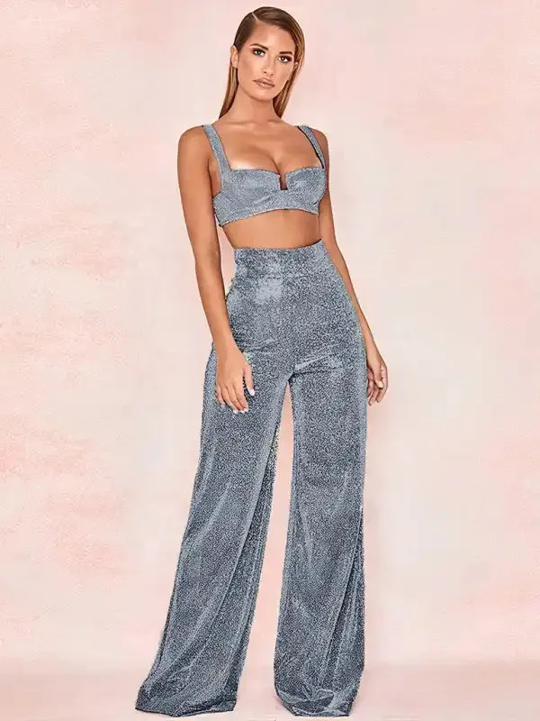 Hot Silver Wide Leg Pants High Waist Straight Ladies Casual Pants