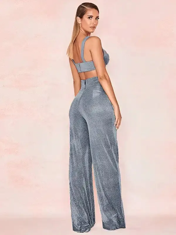 Hot Silver Wide Leg Pants High Waist Straight Ladies Casual Pants